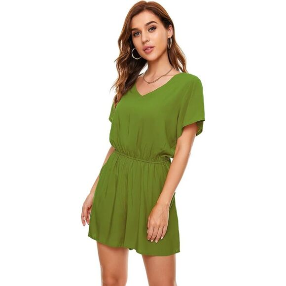 LAC RETTBA V-Neck Avocado Green Flutter Sleeve Romper With Pocket Sz 2XL - Picture 1 of 7